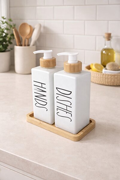 Tutku Home 2'li Bambu Standlı Cam Sıvı Sabunluk Hands & Dishes