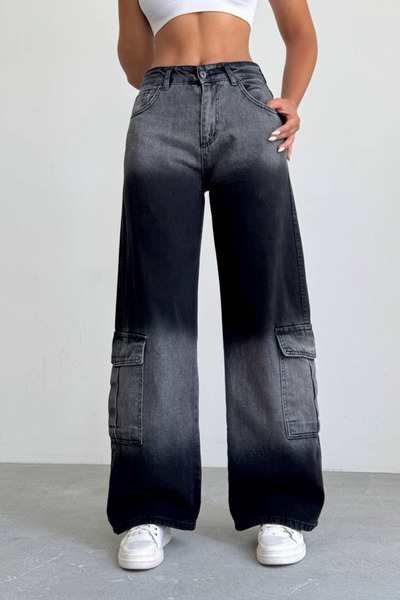 Swana بنطال جينز فضفاض للنساء مع جيوب للشحن - أسود رمادي