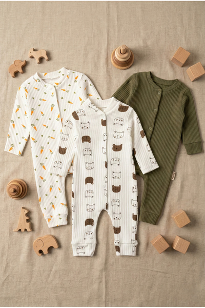 Noone Bebek 3'lü Fitilli Pamuklu Tulum Seti - Havuç & Ayıcık Desenli ve Haki ...