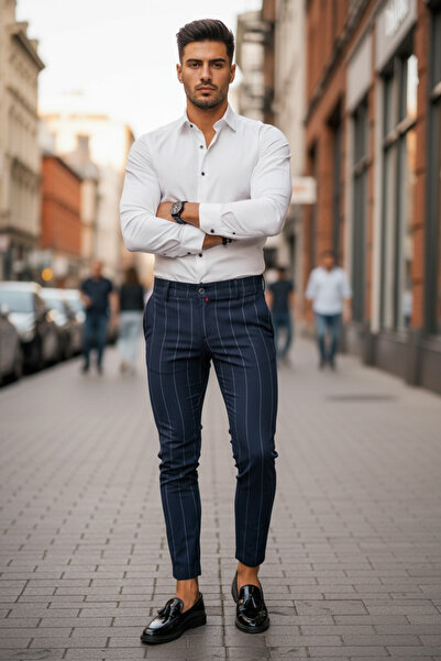 dehaine Men's casual pants, striped, Slim Fit, Navy blue, B5777