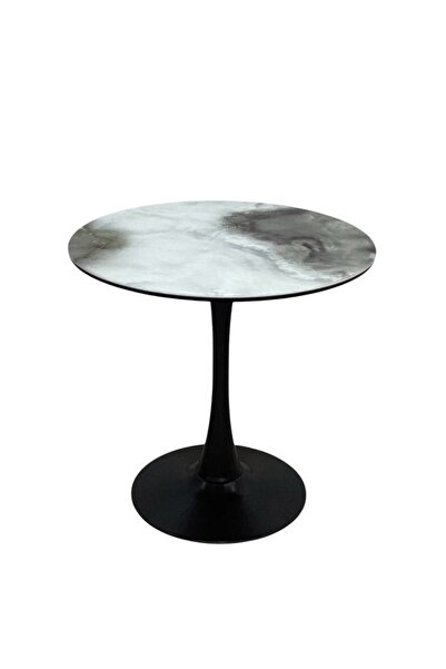 smart home Modern Round Ceramic Top Side Table 80×80×80 cm – Black Metal Pede...