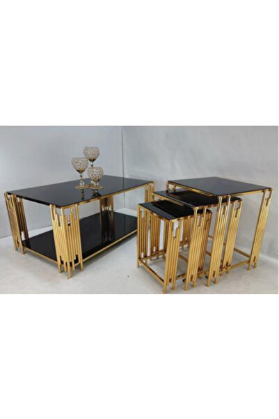 çelsan Kare Evol Tasarım Orta Sehpa – Gold Metal Ayaklı Çift Katlı Siyah Cam ...