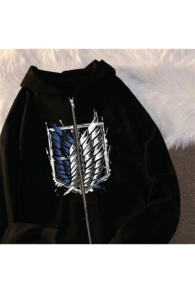 AZIZI TEKSTIL Printed Oversize Zippered Black Unisex Hooded Cardigan