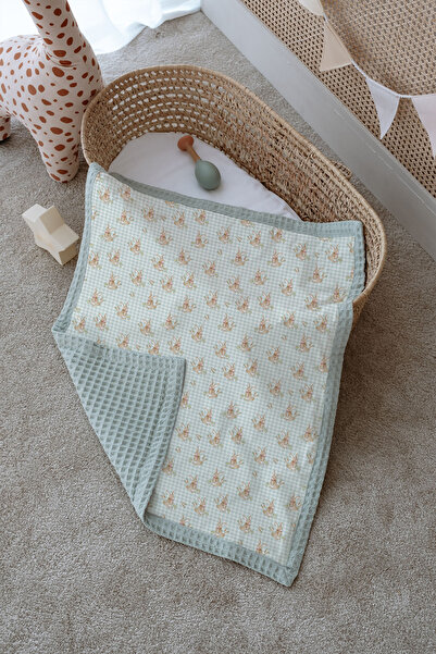 Tuğba Kuğu Double-Sided Baby Blanket, 100% Cotton Waffle Pique - Cute Rabbits