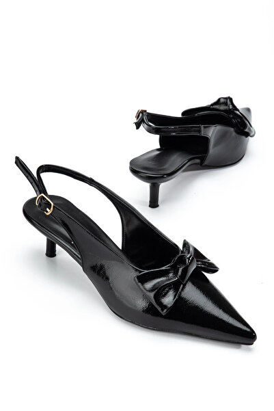 bakacstore Kadın Siyah Kırışık Rugan Fiyonklu Kısa topuklu Ayakkabı