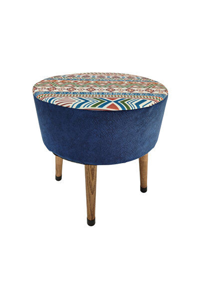 ustaagac Modern Desenli Yan Mavi El Yapımı Puf, Ahşap Ayaklı Dekoratif Tabure