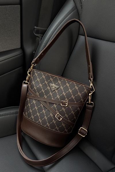 NOTHING Women's Monogram Brown Belt Detailed Bucket Model Hand Shoulder and C...