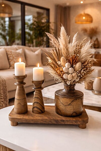 ENYAZA(2024) 4 Parça Ahşap El Yapmı Şamdan & Mumluk Ve Vazo Seti - Özel Tasar...