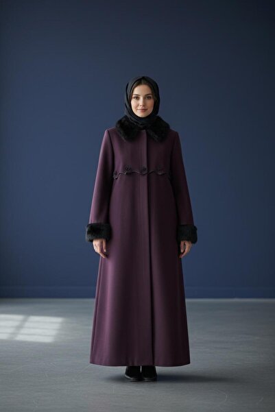 HAVİN kalın kürk yaka ve kol detaylı manto