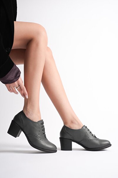 ANALİN SHOES حذاء نسائي بكعب كلاسيكي من الجلد الطبيعي مع أربطة - رمادي