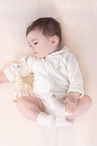 Little Gusto Sophie La Girafe Organic Cotton Baby Collared Ecru Bodysuit