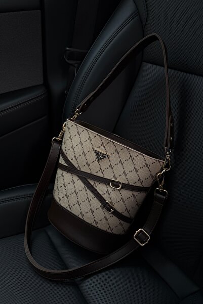 NOTHING Women's Monogram Mink Brown Belt Detailed Bucket Model Hand Shoulder ...