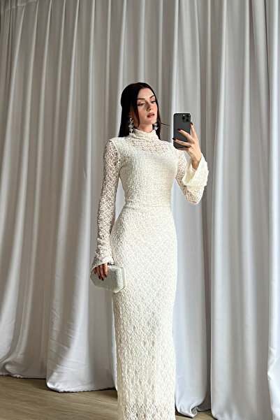 Klex Kadın Dantel Uzun Abiye Elbise – Uzun Kollu, Yüksek Yaka, Şık ve Zarif T...