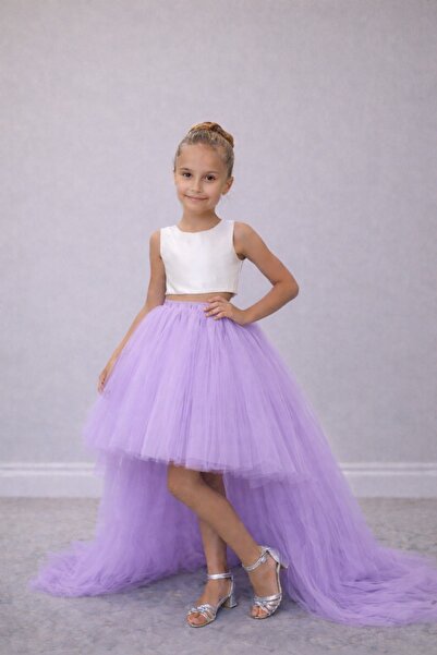 SUNEH Kız Çocuk Lila Arkası Uzun Kuyruklu Tütü Etek Mezuniyet Parti Balo Komb...