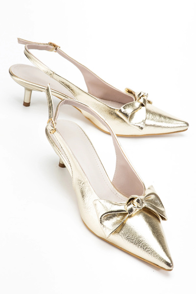 bakacstore Women's gold crinkled patent leather bow detail low heel shoes