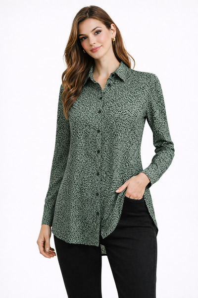 Nuevo Kadın Yeşil Leopar Desenli Uzun Kollu Düğmeli Gömlek – Arkası Uzun Fit ...