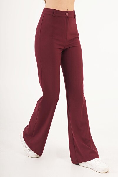 Hipo Trend High Waist Flare Relaxed Fit Burgundy Trousers