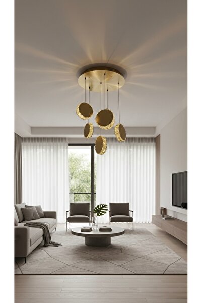 MİRAN HOME Modern Kristal Taşlı Yuvarlak 6’lı Eskitme Sarkıt Avize/Ledli Eski...