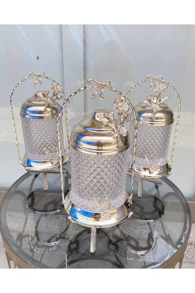 AZADE BAKIR Silver Brass Japongül Footed Crystal Jar Set of 3