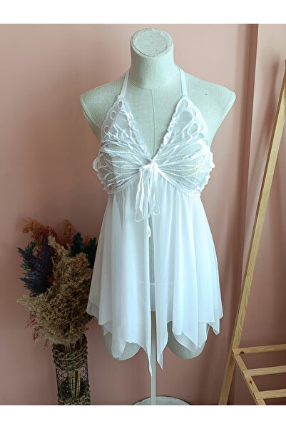 Nightlight Butterfly Önden Yırtmaçlı Çeyizlik Kadın Tül Gecelik / Tanga Set-B...