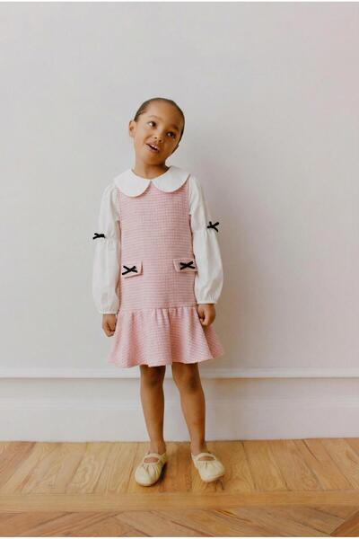 Magu Girl's Cotton Pink Shirt Collar Dress 2 Piece Dress