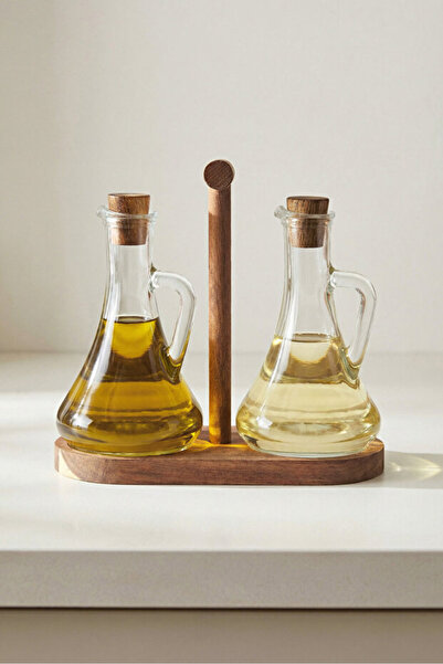 Homerest 2-Piece Glass Olive Oil and Liquid Oil Bottle with Bamboo Stand 250 ml