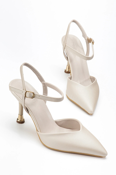 bakacstore Women's beige satin heeled shoes with gold heel detail
