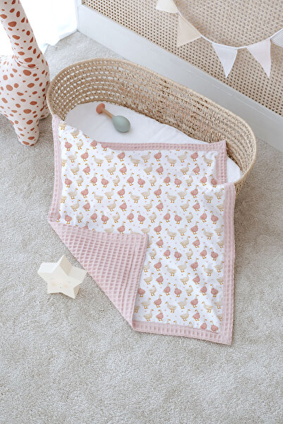 Tuğba Kuğu بطانية أطفال مزدوجة الجوانب، 100% قطن، نسيج الوافل - تصميم الإوز ا...