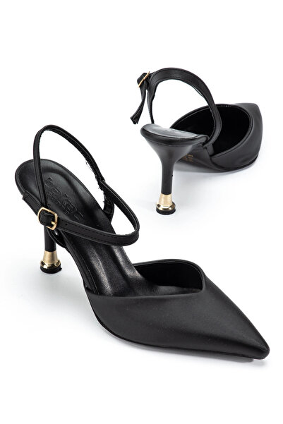 bakacstore Kadın Siyah Saten Kumaş Gold Ökçeli Topuklu Ayakkabı