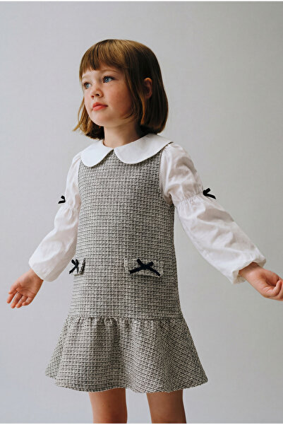 Magu Girl's Cotton Gray Shirt Collar Dress 2 Piece Dress