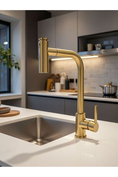 EMFA AKSESUAR Antik Gold Mutfak Bataryası - Evye Musluğu Spiralli Uzayan Sist...