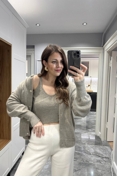 Banu Angay Premium Hırka Atlet Triko İkili Takım Vizon