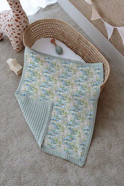 Tuğba Kuğu Double-Sided Baby Blanket, 100% Cotton Waffle Pique - Mallard Dream