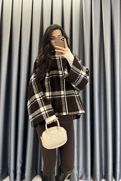 Mistix Ekose Fermuarlı Panço - Kahve KAHVE