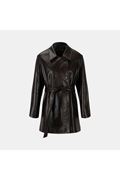 Desa Kadın Koyu Kahve Gömlek Yakalı Kemerli Deri Trençkot