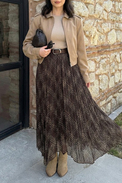 InStyle Plaid Pattern Asymmetrical Brown Crinkled Chiffon Skirt