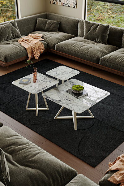 FANO Assem Kare 3'lü Orta Sehpa, Frezya Mermer Desenli MDF, Krem Metal Ayak, ...