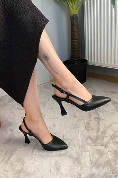 Difolia Women's Black Leather 9 cm Heeled Shoes Open Back Pole Buckle Heel