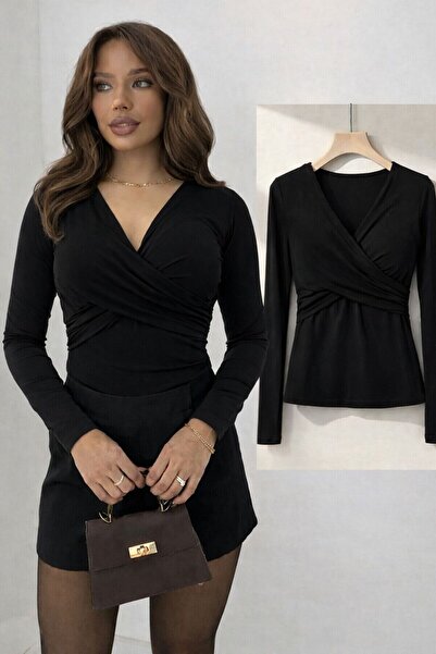 peri tower New Product Women's Front Cross Detail V-Neck Sandy Fabric Long Sl...