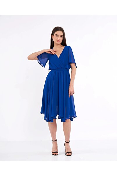 Swass V-Neck Butterfly Sleeves Elastic Waist Chiffon Dress Sax