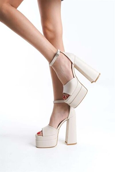 Difolia Women's Single Strap Beige Skin 15 cm Platform Heeled Shoes