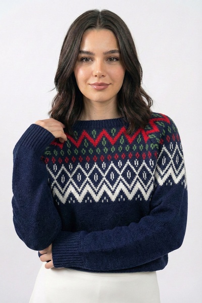 InStyle Navy Blue Knit Sweater with Patterned Collar