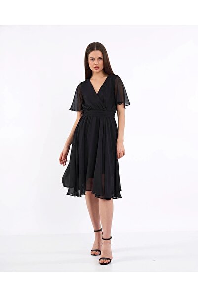 Swass V-Neck Butterfly Sleeves Elastic Waist Chiffon Dress Black