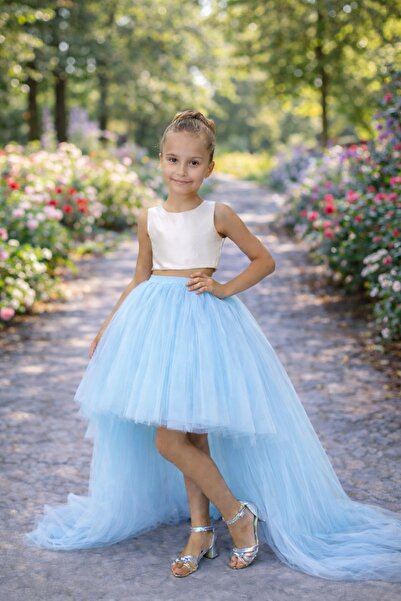 SUNEH Kız Çocuk Bebe Mavi Arkası Uzun Kuyruklu Tütü Etek Mezuniyet Parti Balo...