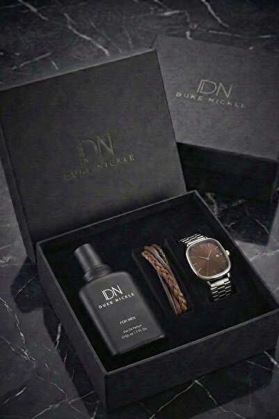 Duke Nickle Erkek Gümüş Kordon Kahverengi Kadran Kol Saati Bileklik ve Parfüm...