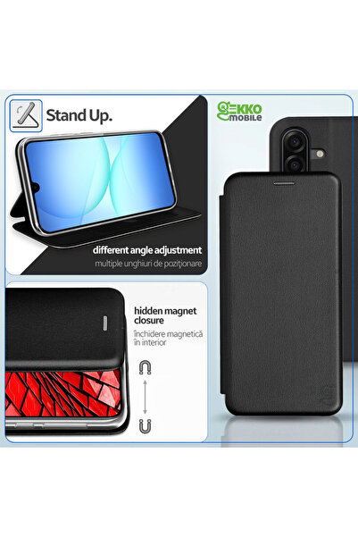 Gekko Mobile FlipBook pentru Samsung Galaxy A26, Închidere magnetică, Buzunar pentru carduri, Suport, Piele, Deschis, Negru