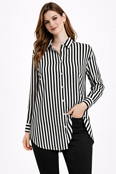 Nuevo Women's Oversized Viscose Black and White Striped Long Shirt, Relaxed F...