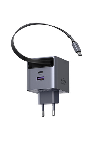 Ugreen 45W Makaralı Dahili Kablolu GaN Hızlı Şarj Cihazı, 2xUSB-C, 1xUSB-A, G...