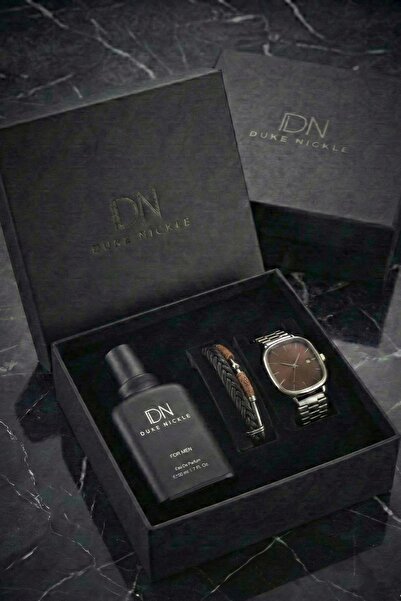 Duke Nickle Erkek Gümüş Kordon Kahverengi Kadran Kol Saati Bileklik ve Parfüm...
