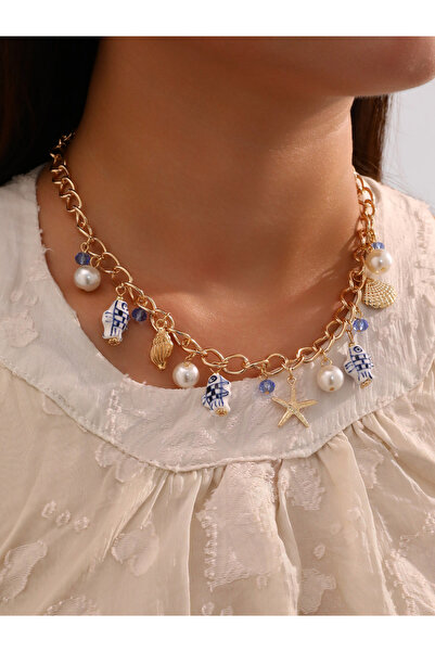 Take Two By Styli Gold Charm Necklace with Sea Pendants